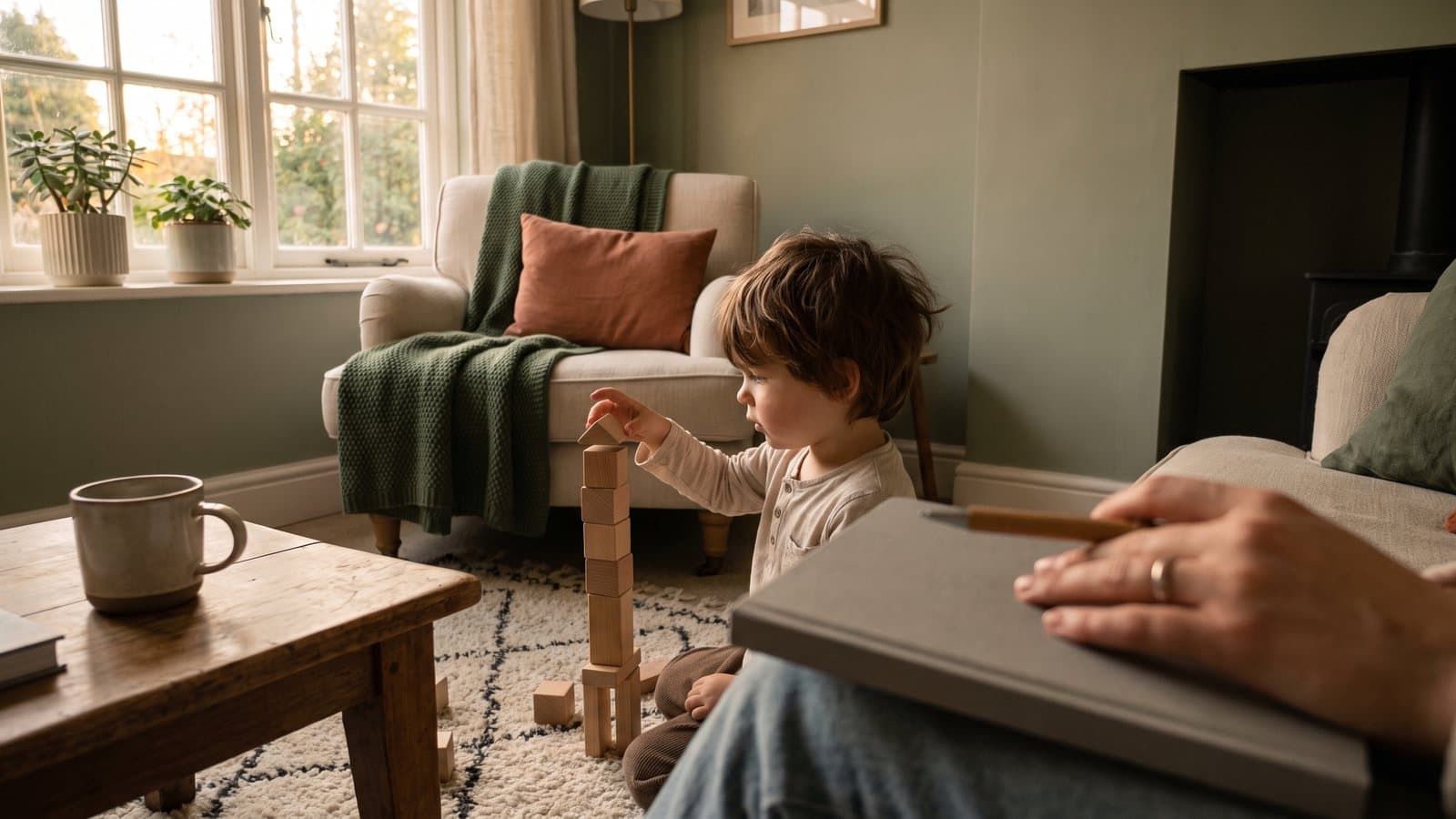 A child builds a block tower on a rug in warm autumn lamplight while a parent's hand rests on a closed notebook nearby
