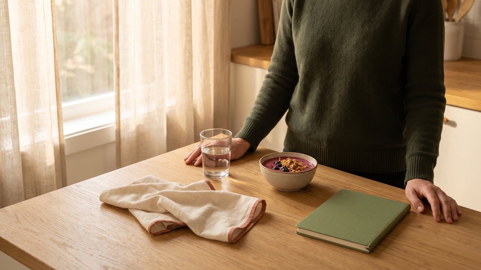 An adult's hands rest on a kitchen counter beside a glass of water and a soft smoothie in early morning light