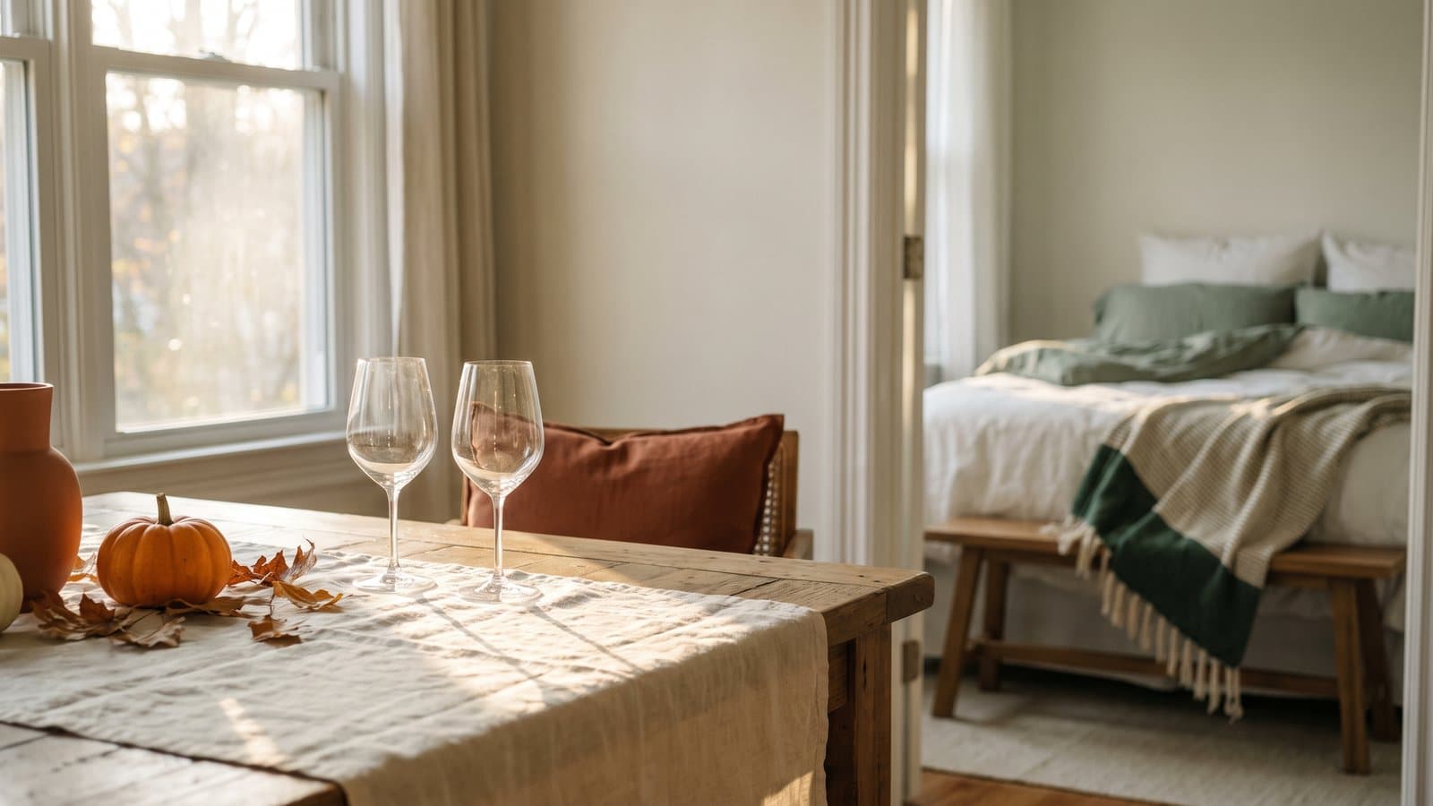 Two wine glasses and a small pumpkin on a table with a tidy guest bedroom visible in soft morning light