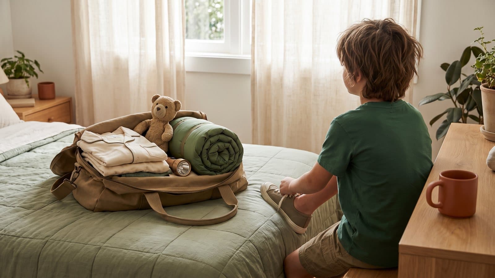 A child's half packed camp bag on a sunlit bed with folded pajamas, a flashlight, and a stuffed animal