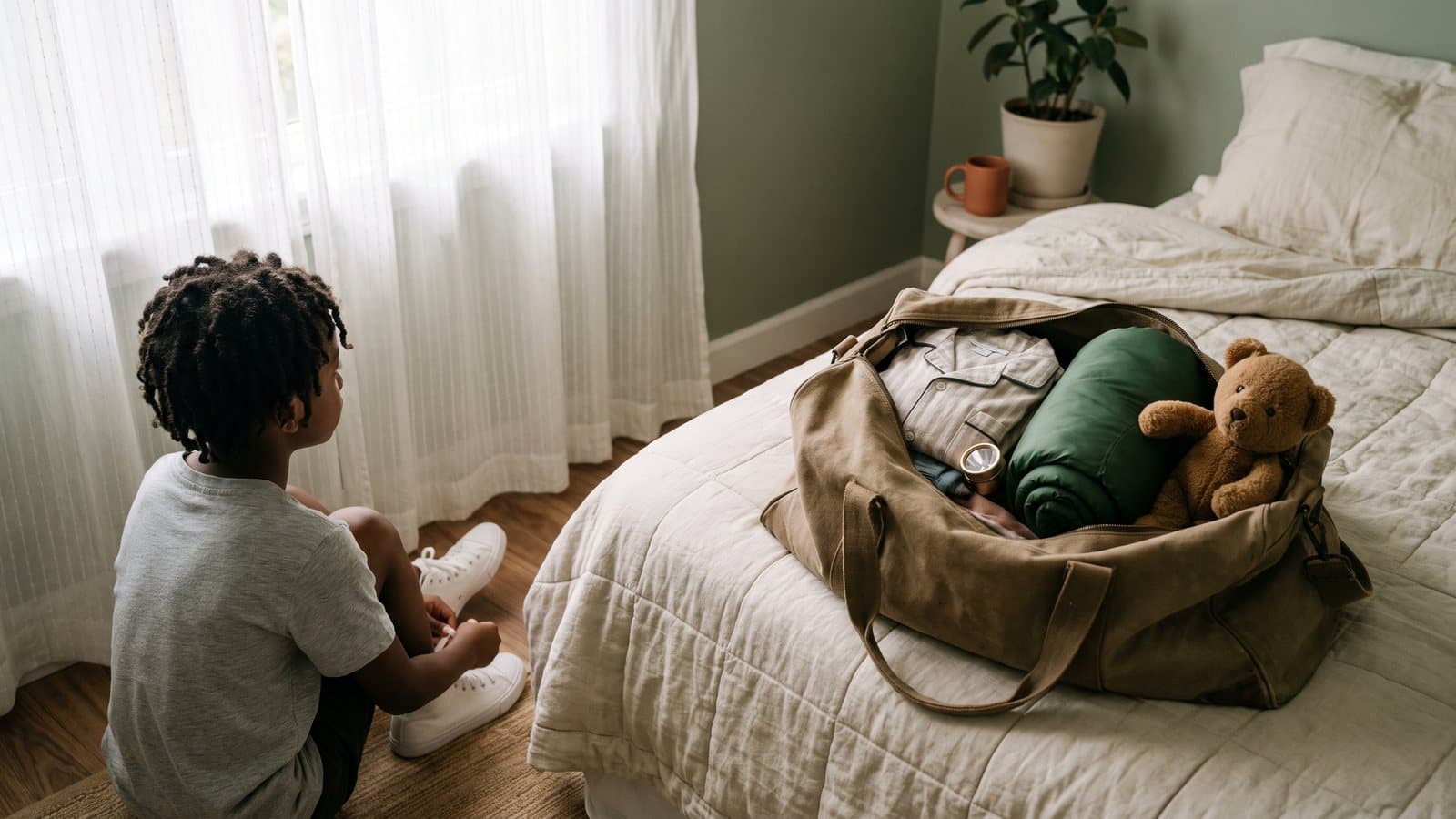 A child's half packed camp bag on a sunlit bed with folded pajamas, a flashlight, and a stuffed animal