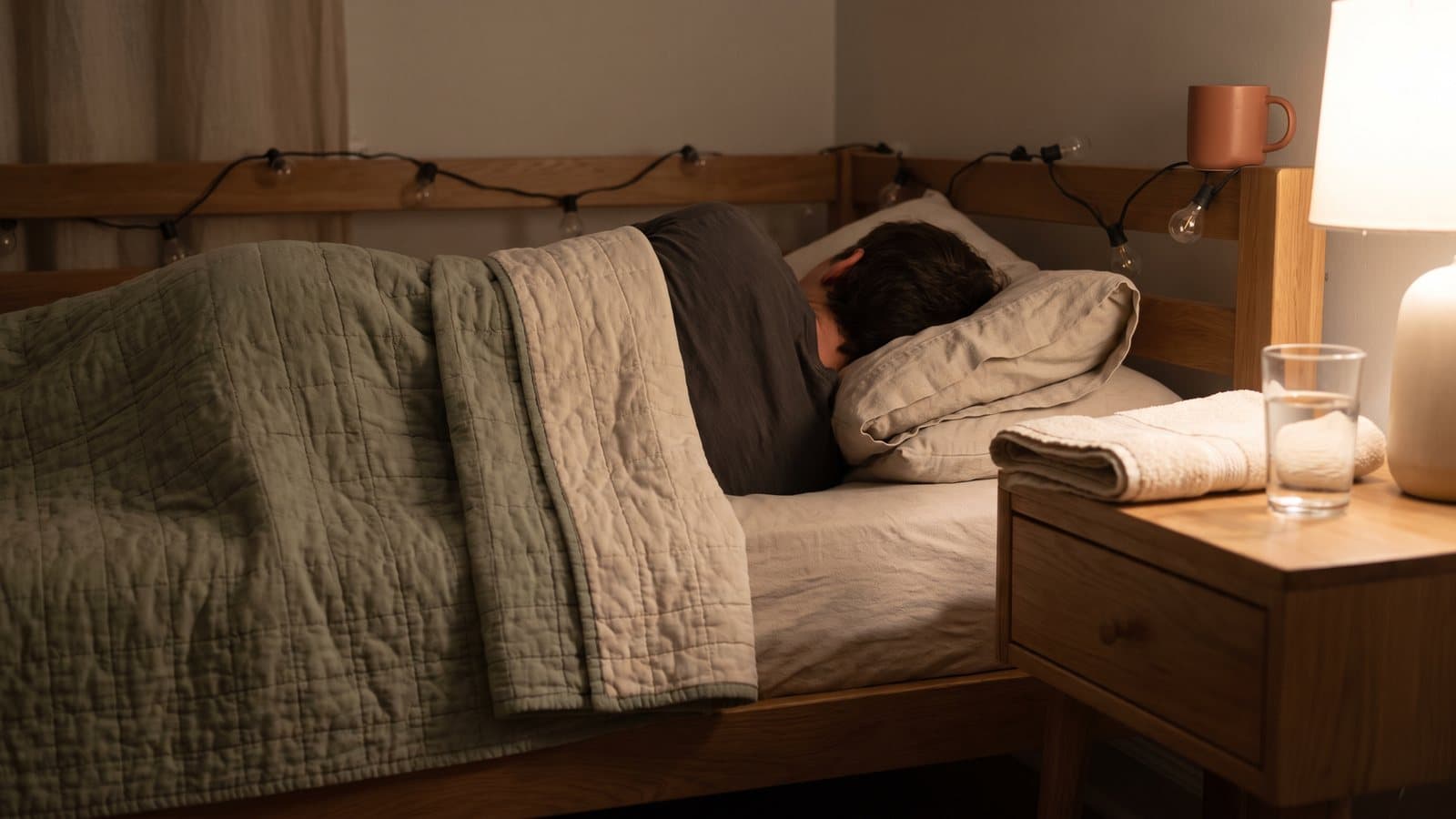 A guest room at night with someone asleep on their side under cream bedding, soft string lights blurred behind the headboard