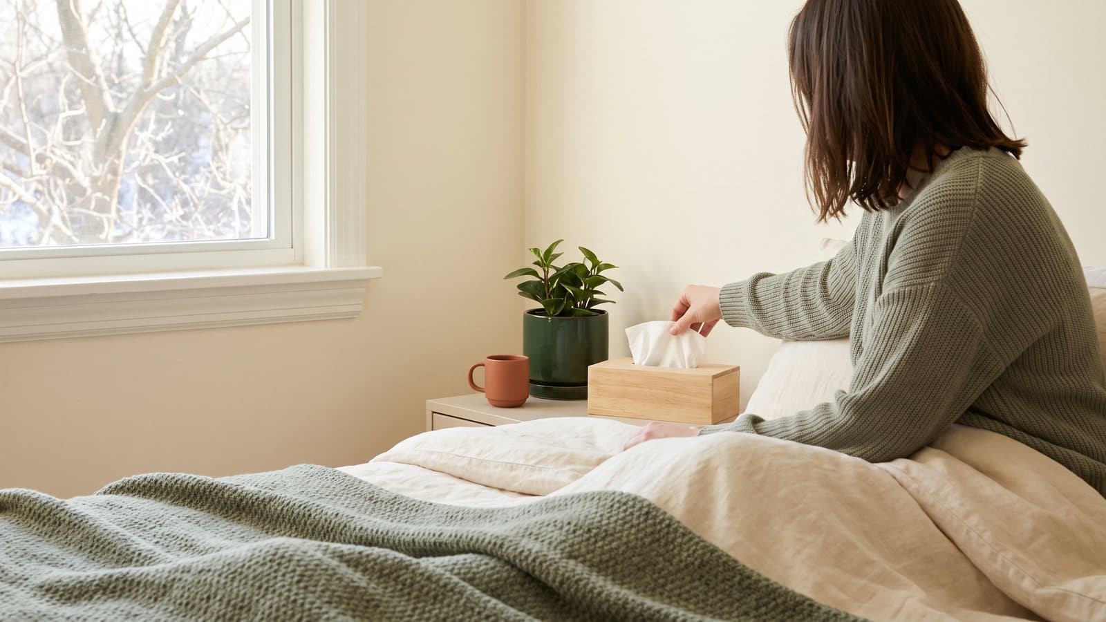 Person seen from behind, sitting up in bed near a window with bare winter trees outside, reaching for a tissue