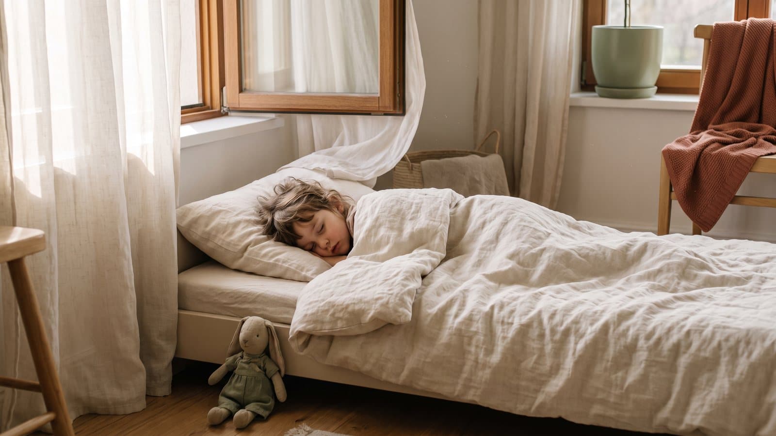 A young child asleep in a sunlit bedroom with sheer curtains stirring at a partly open spring window