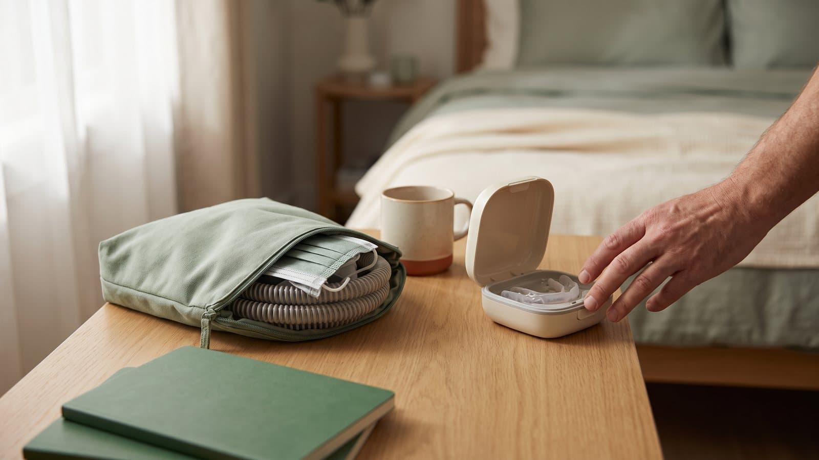 A hand reaches for an oral appliance case beside a stowed CPAP mask on a nightstand at dawn