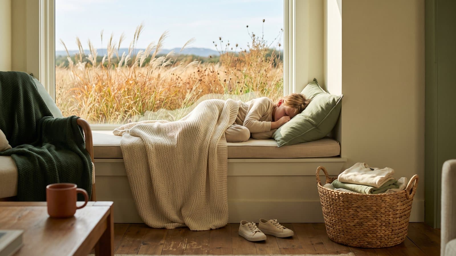 A child naps peacefully on a sunlit window seat while tall fall grasses sway outside the closed window