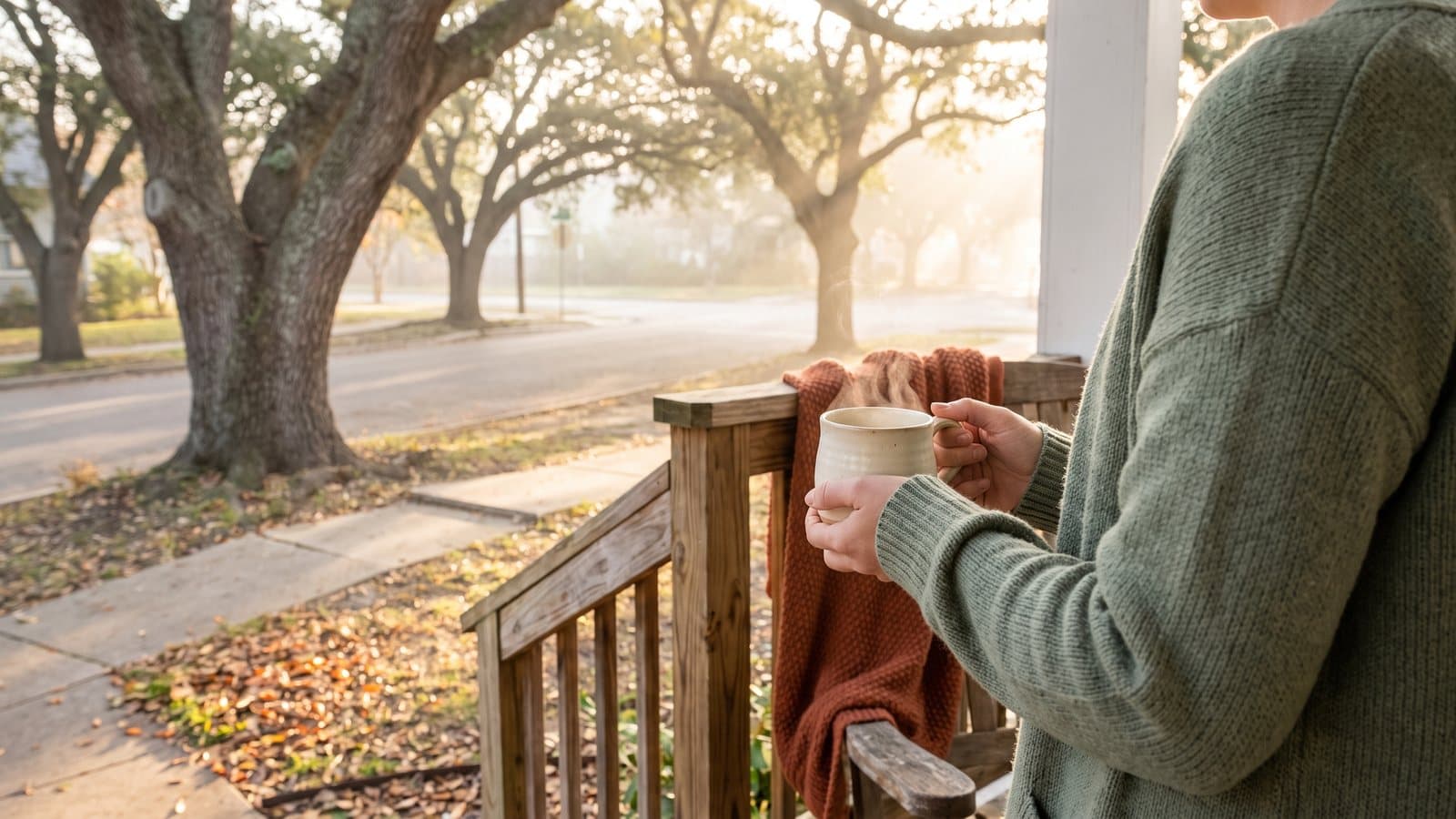An adult holds a mug on a front porch at sunrise, facing a quiet street lined with live oaks in soft golden light