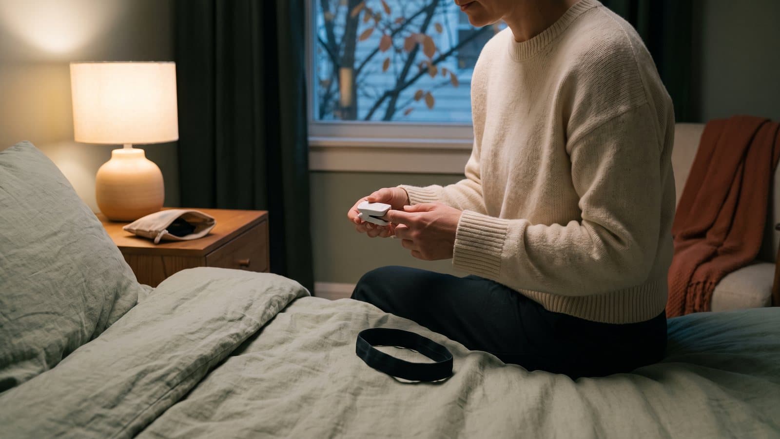 Adult's hands clipping a small sensor to a fingertip while seated on a made bed in warm evening lamplight