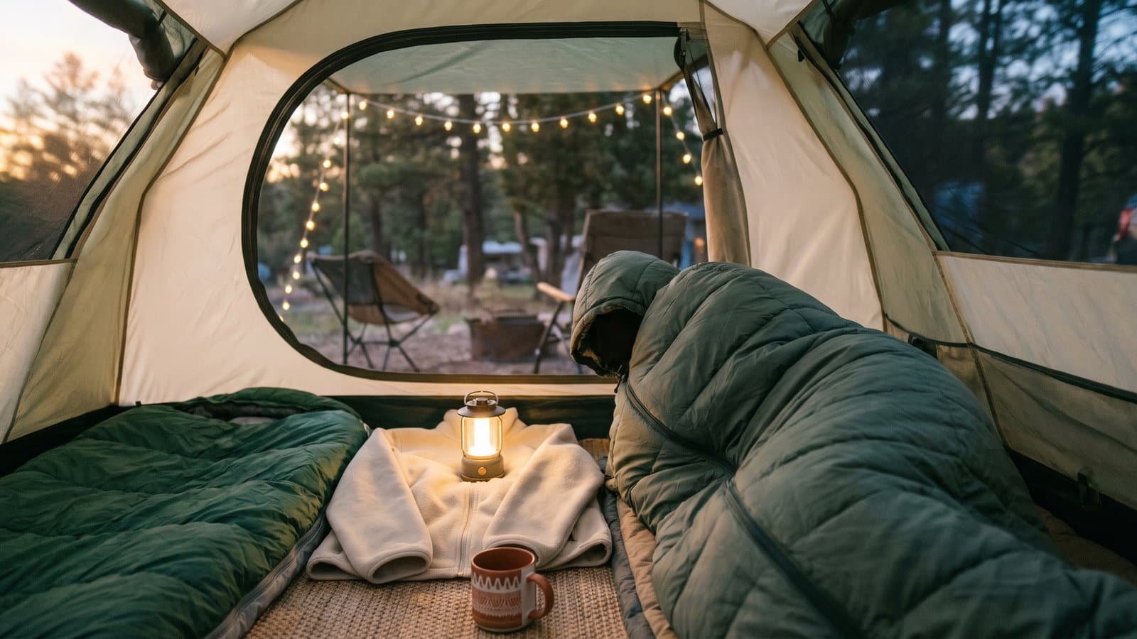 A tent interior at dusk with two sleeping bags and a lantern glowing beside an open mesh window