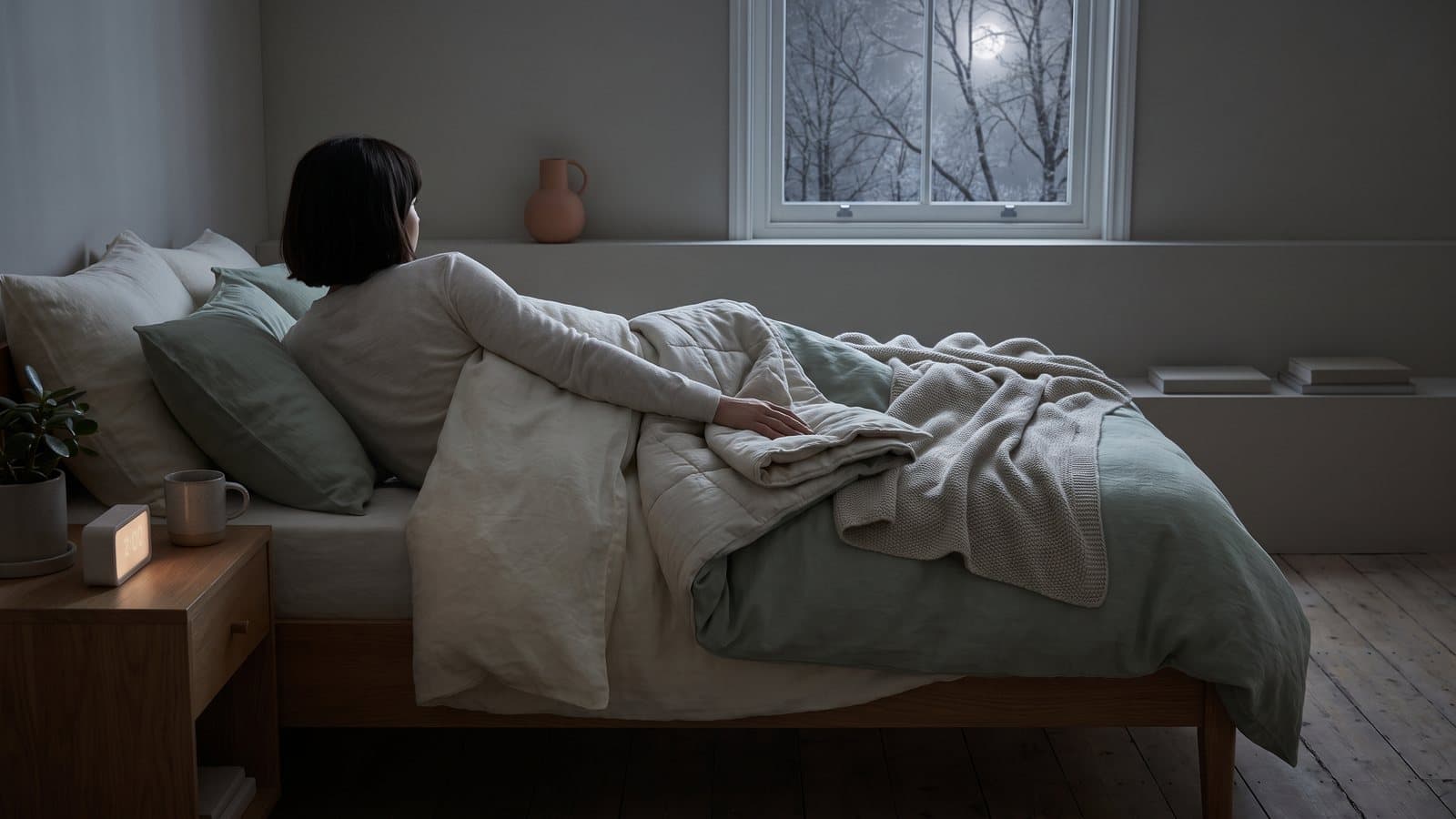 A person lies awake in bed on a winter night, turned away from camera, moonlight through the window, a clock glowing nearby