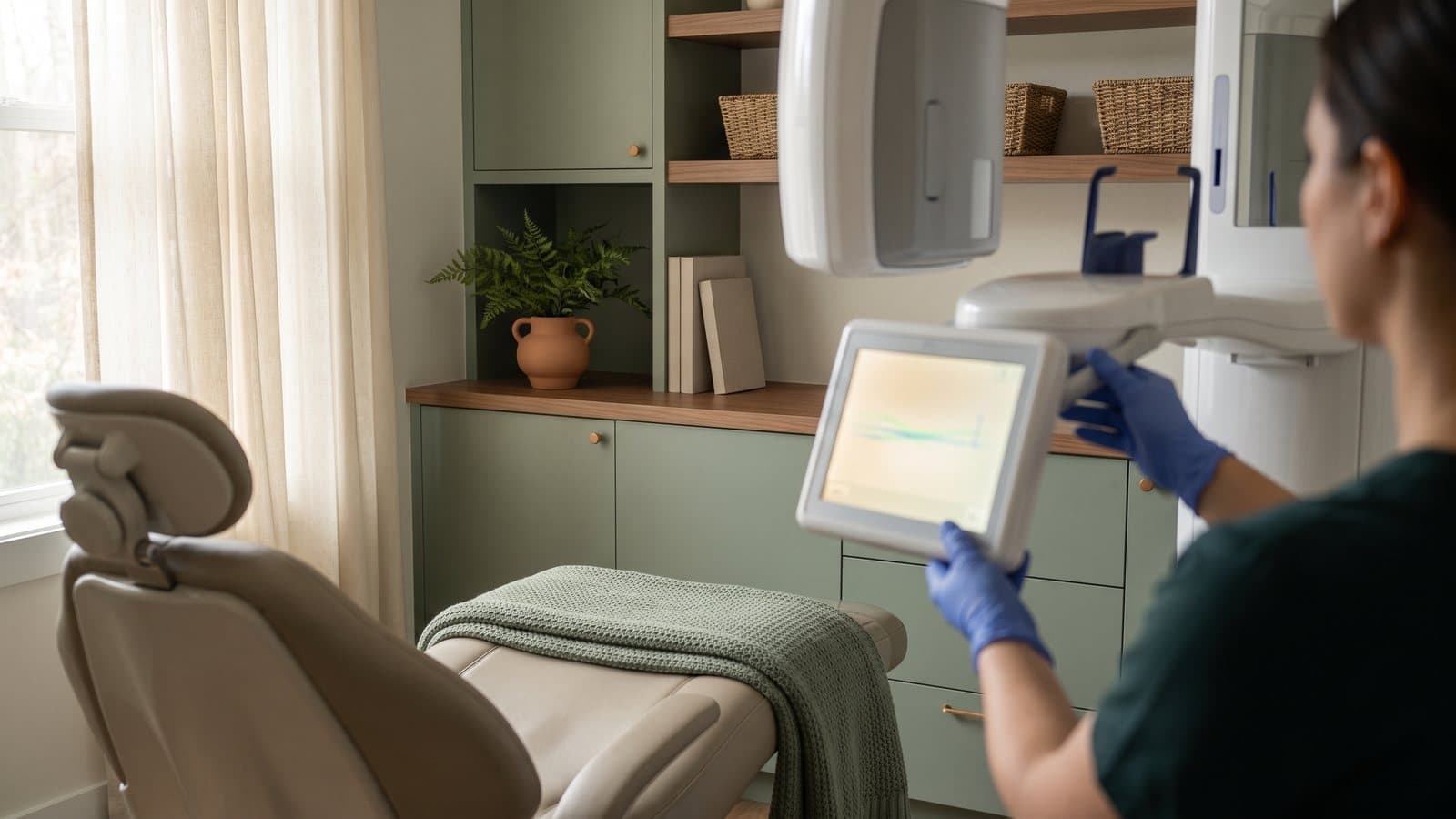 Clinician's hands beside a CBCT imaging machine in a calm, sunlit treatment room.