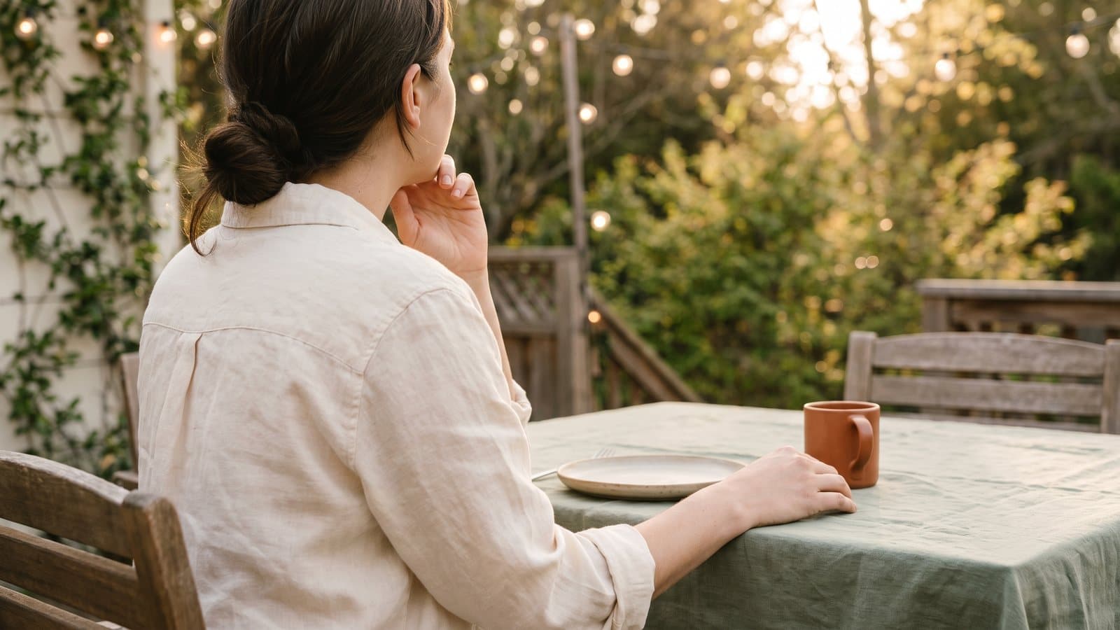 A person seen from behind at an outdoor spring patio table rests a hand along their jaw near string lights