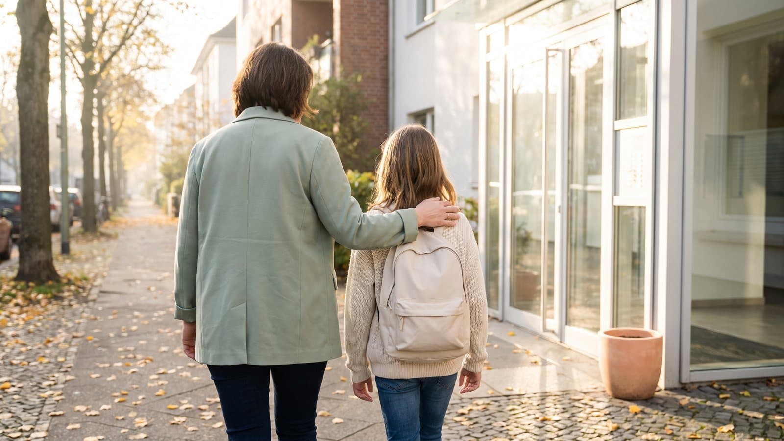 A parent's hand rests on a preteen's shoulder as they walk toward a sunlit clinic door on a crisp fall morning