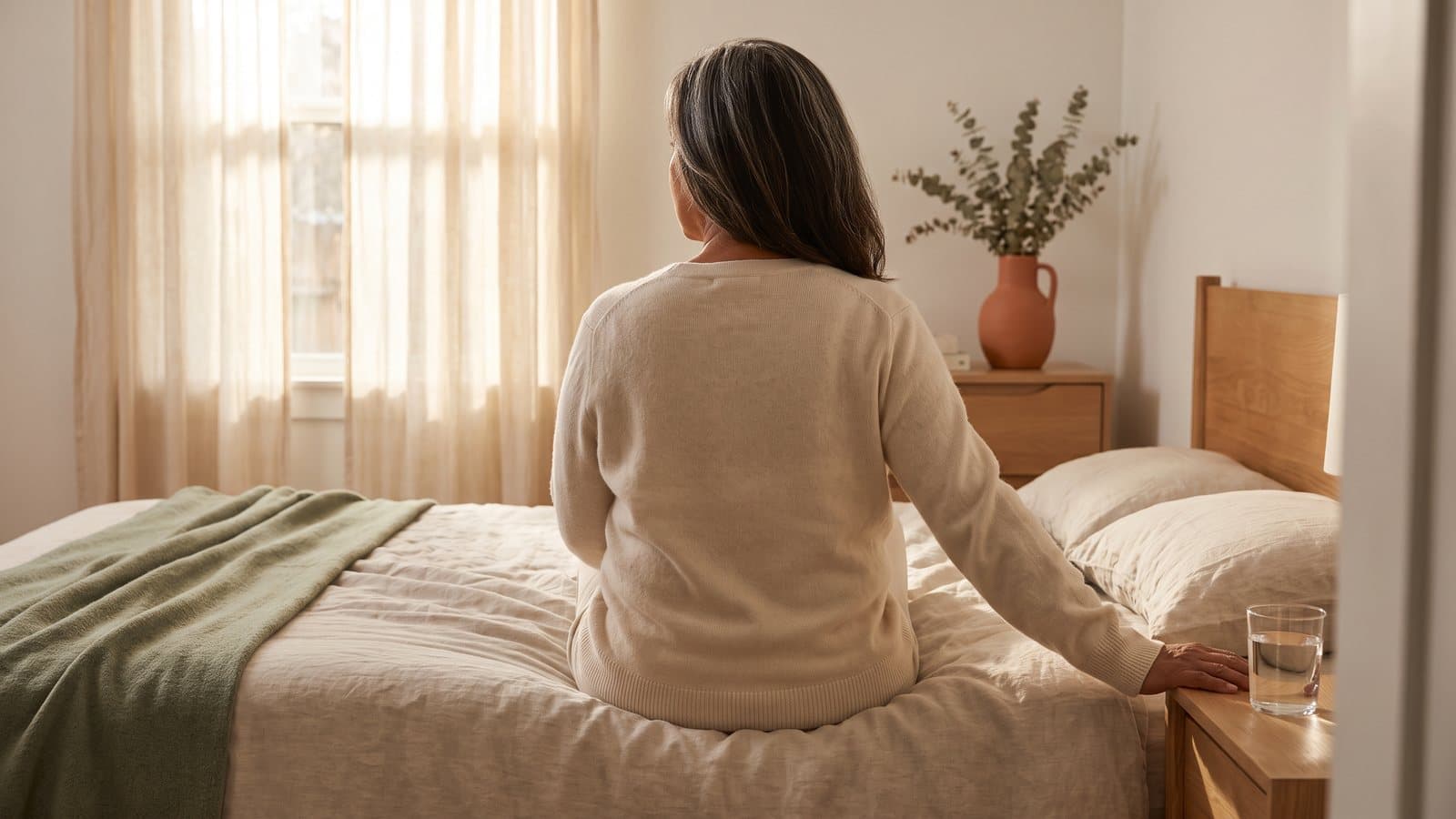 A woman seen from behind sitting on the edge of a sunlit bed in the early morning
