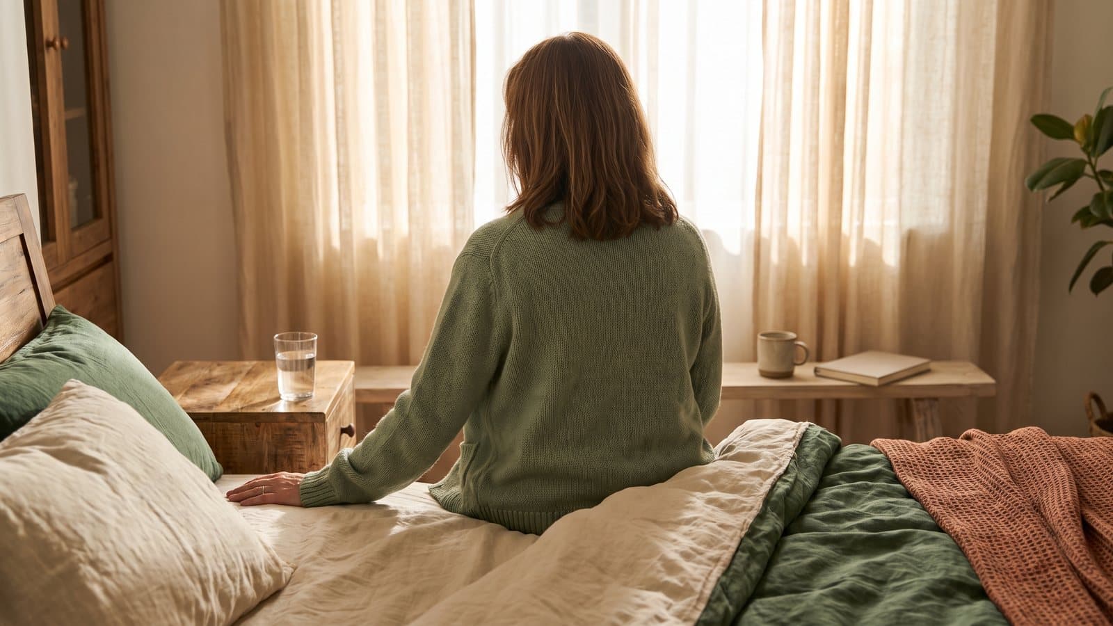 A woman seen from behind sitting on the edge of a sunlit bed in the early morning