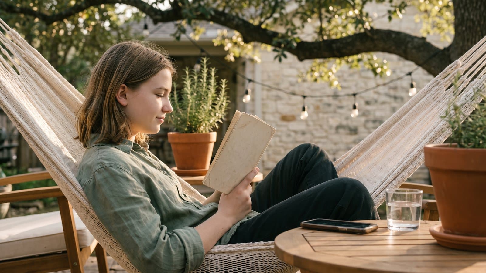 A teenager reads in a backyard hammock at golden hour, lips relaxed and closed, with a phone face down on a side table