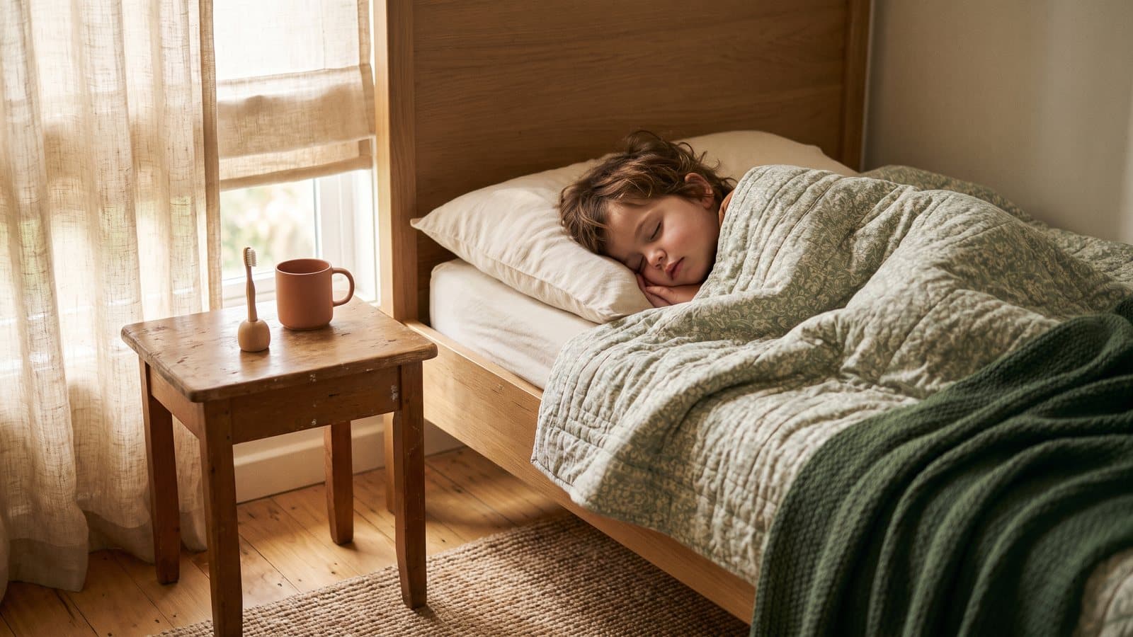A young child asleep in a sunlit bedroom, cheek on a pillow, lips gently closed, a small cup and toothbrush nearby