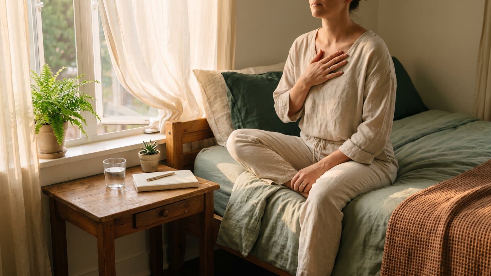 Adult sitting on the edge of a bed at sunrise, breathing calmly beside a nightstand with a water glass and a notebook