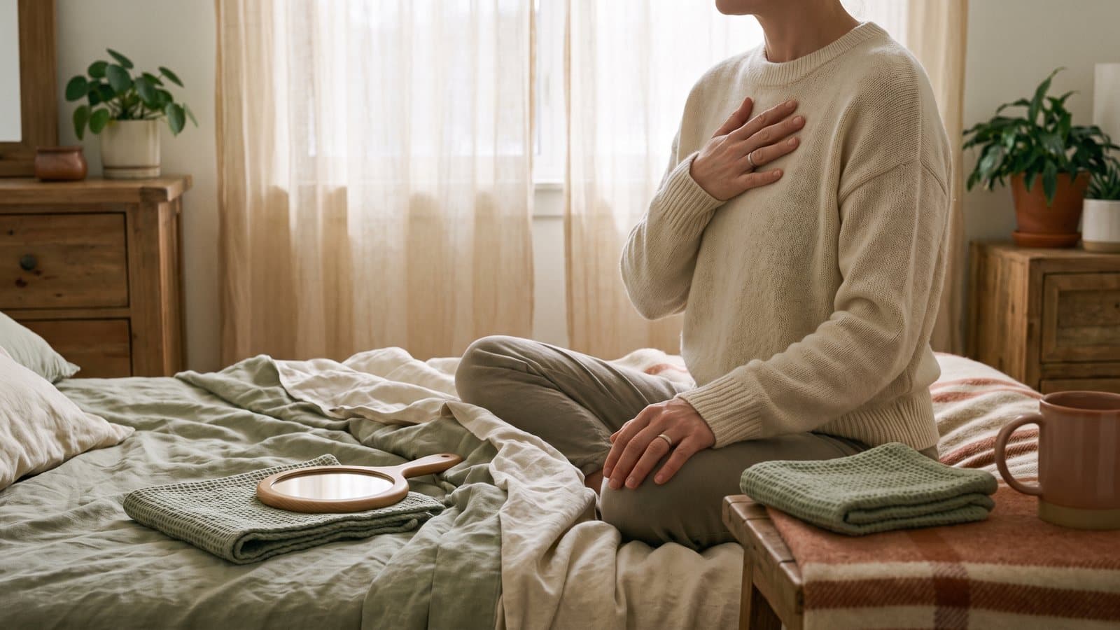 A person seen from the shoulders down sits on a bed at dawn, one hand resting on their chest during a slow breath