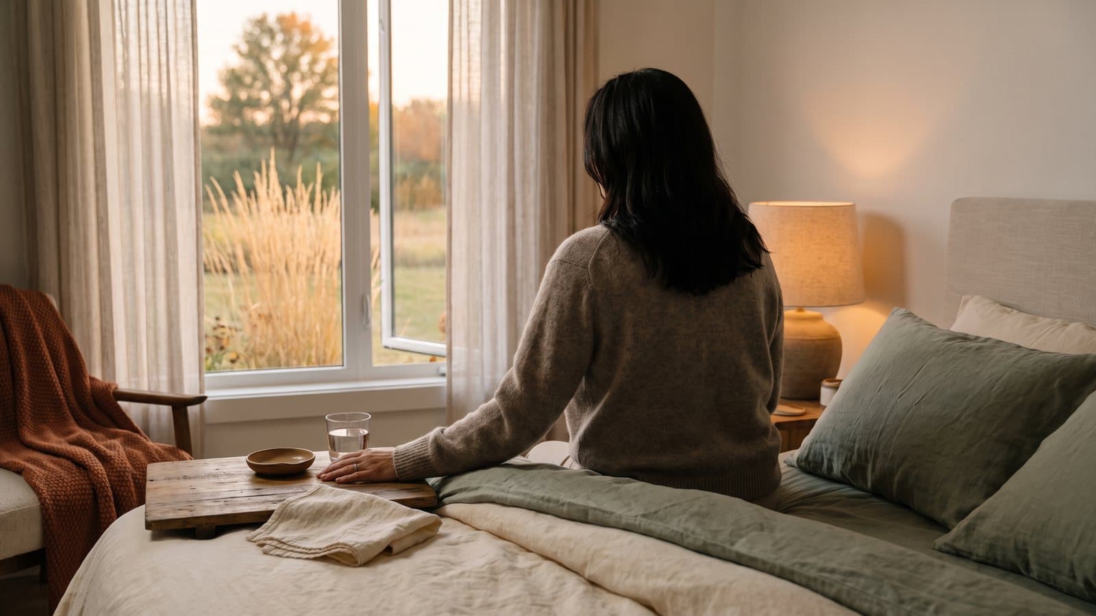 Hands resting on a nightstand beside a folded cotton cloth and a glass of water near an open bedroom window at dusk