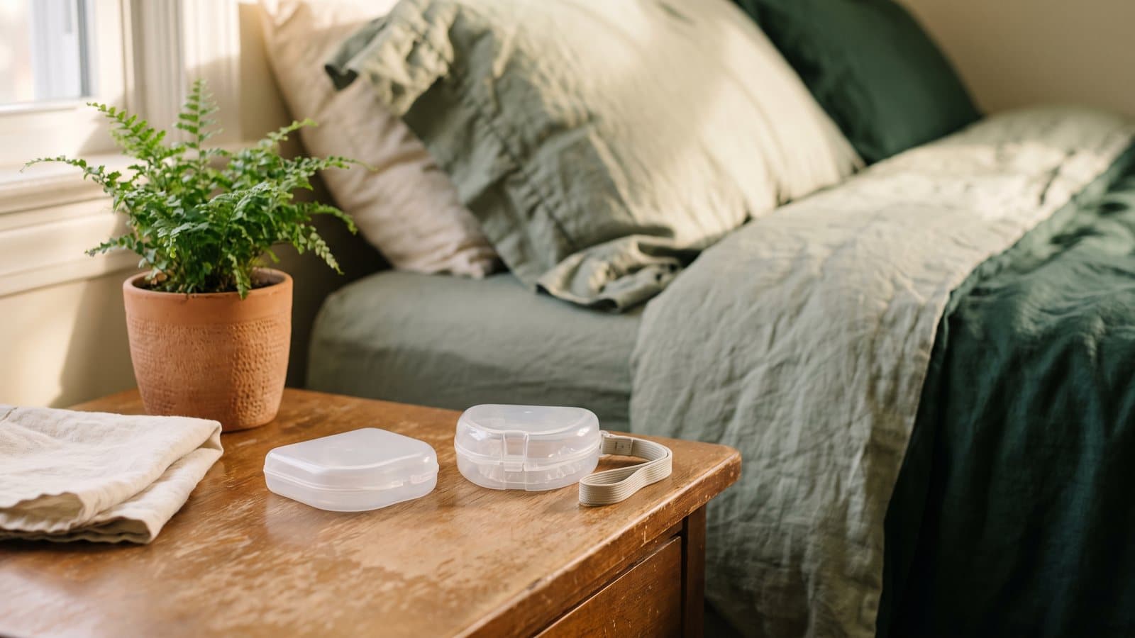 Two dental appliance cases, one flat and one hinged, side by side on a nightstand in morning light