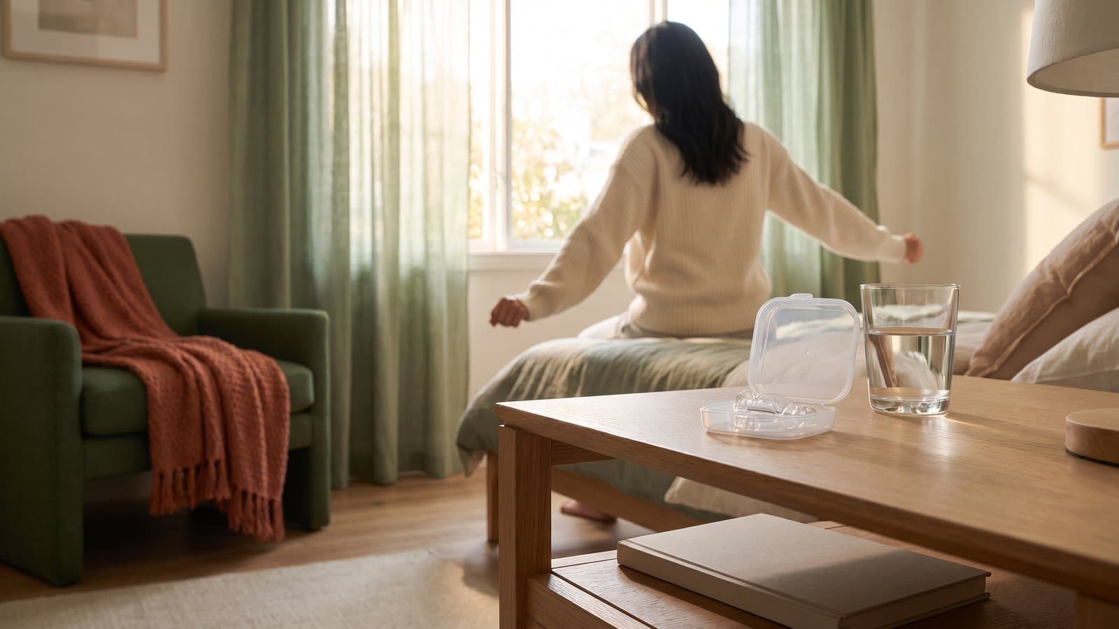 A hand rests gently on a jaw at dawn beside a nightstand with an appliance case and water glass