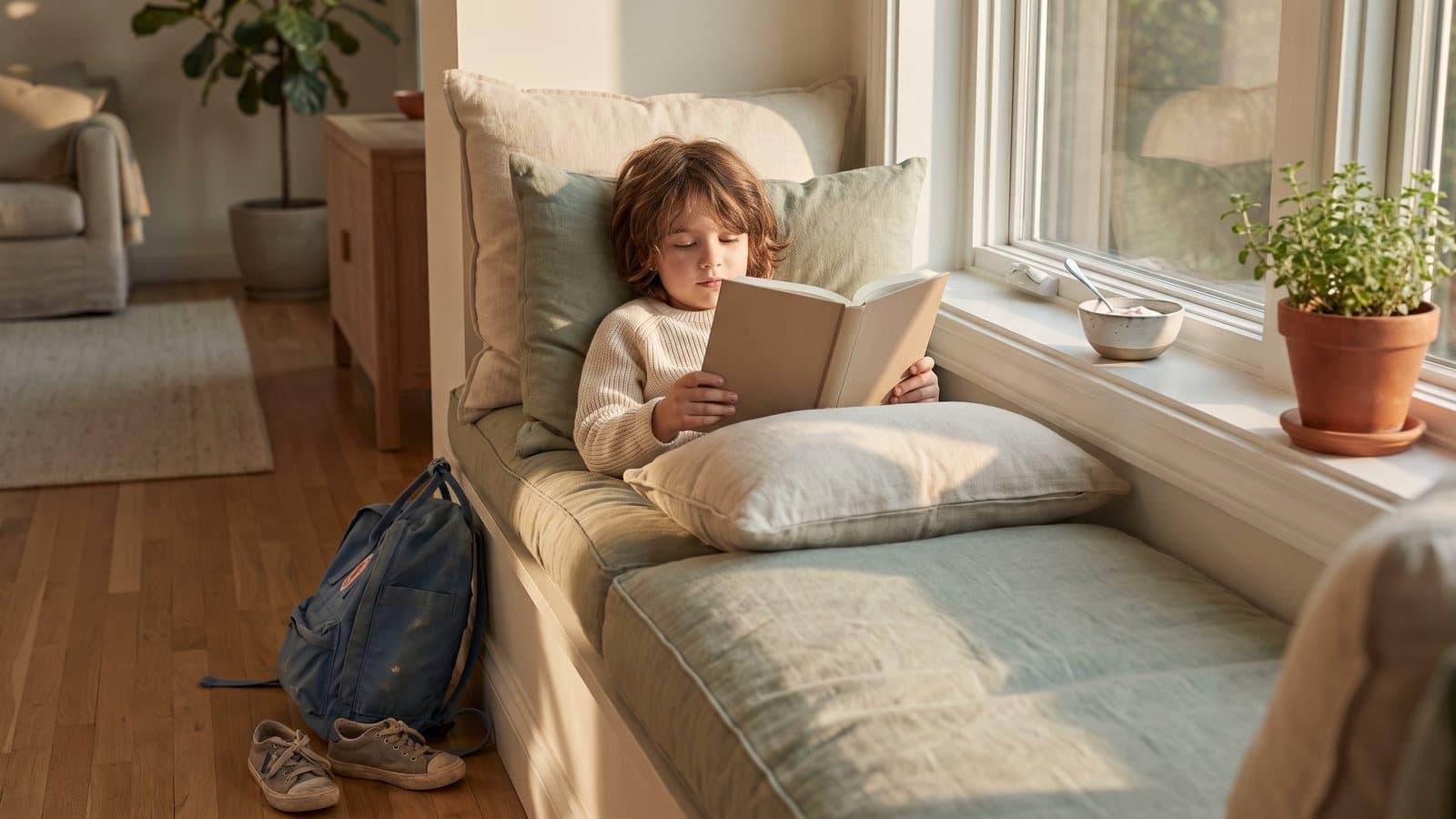A child reading on a sunny window seat after school, with a backpack on the floor and a bowl of yogurt on the sill