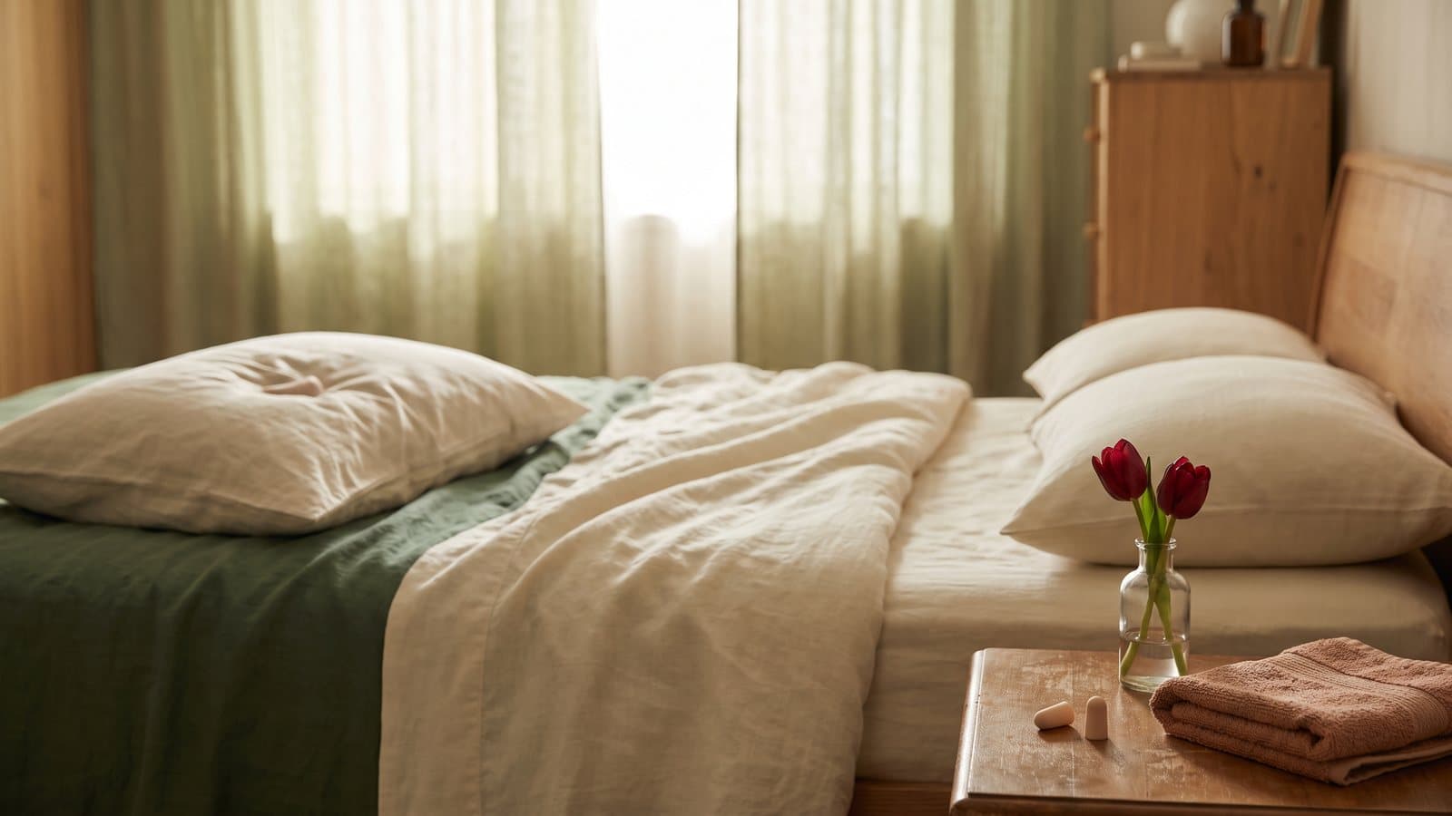 A tidy bedroom with two pillows, a small vase of tulips, and earplugs on a nightstand in soft morning light