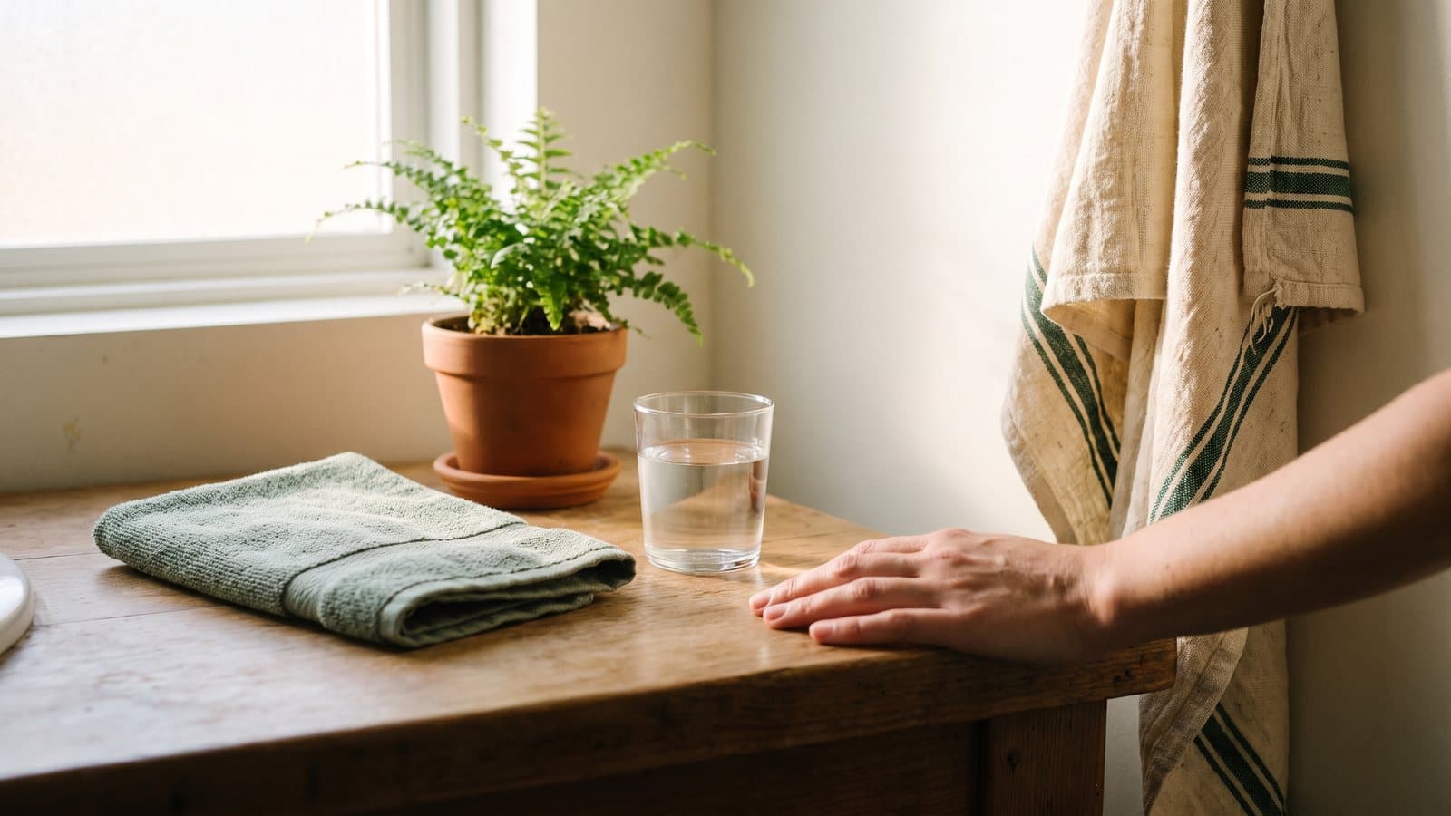 A person seen from the shoulders down stands at a sunlit bathroom sink beside a glass of water