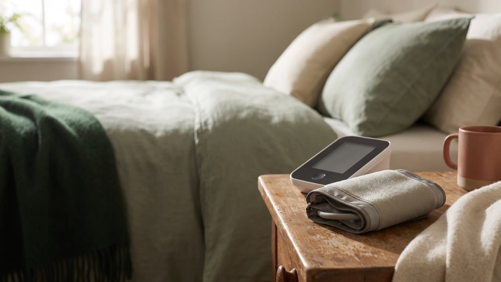 A blood pressure cuff and monitor on a nightstand beside a made bed in soft morning light