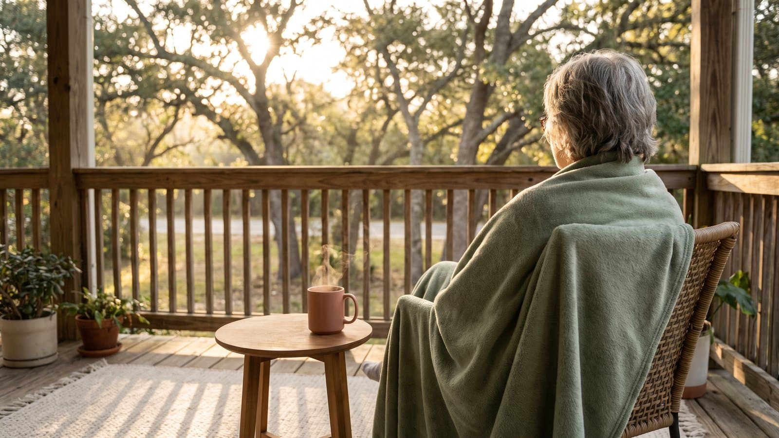An older adult's hands resting on a sunlit porch railing at sunrise with a cup of coffee nearby