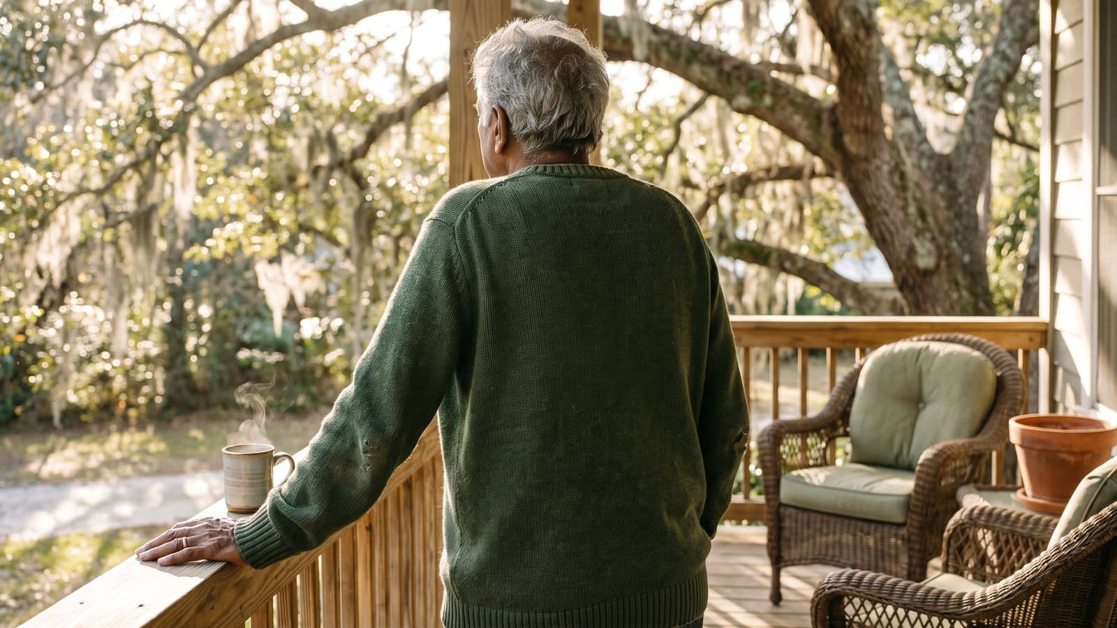 An older adult's hands resting on a sunlit porch railing at sunrise with a cup of coffee nearby