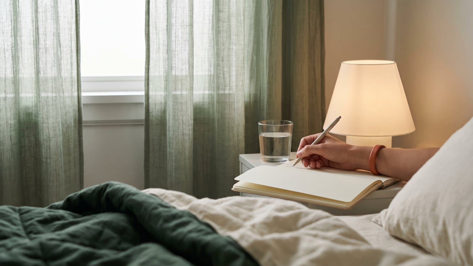 A hand writing in a small notebook on a nightstand at dawn, with soft window light and a glass of water nearby