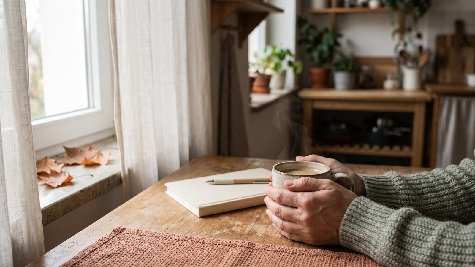 Adult's hands wrapped around a warm mug at a table by a window in soft autumn morning light