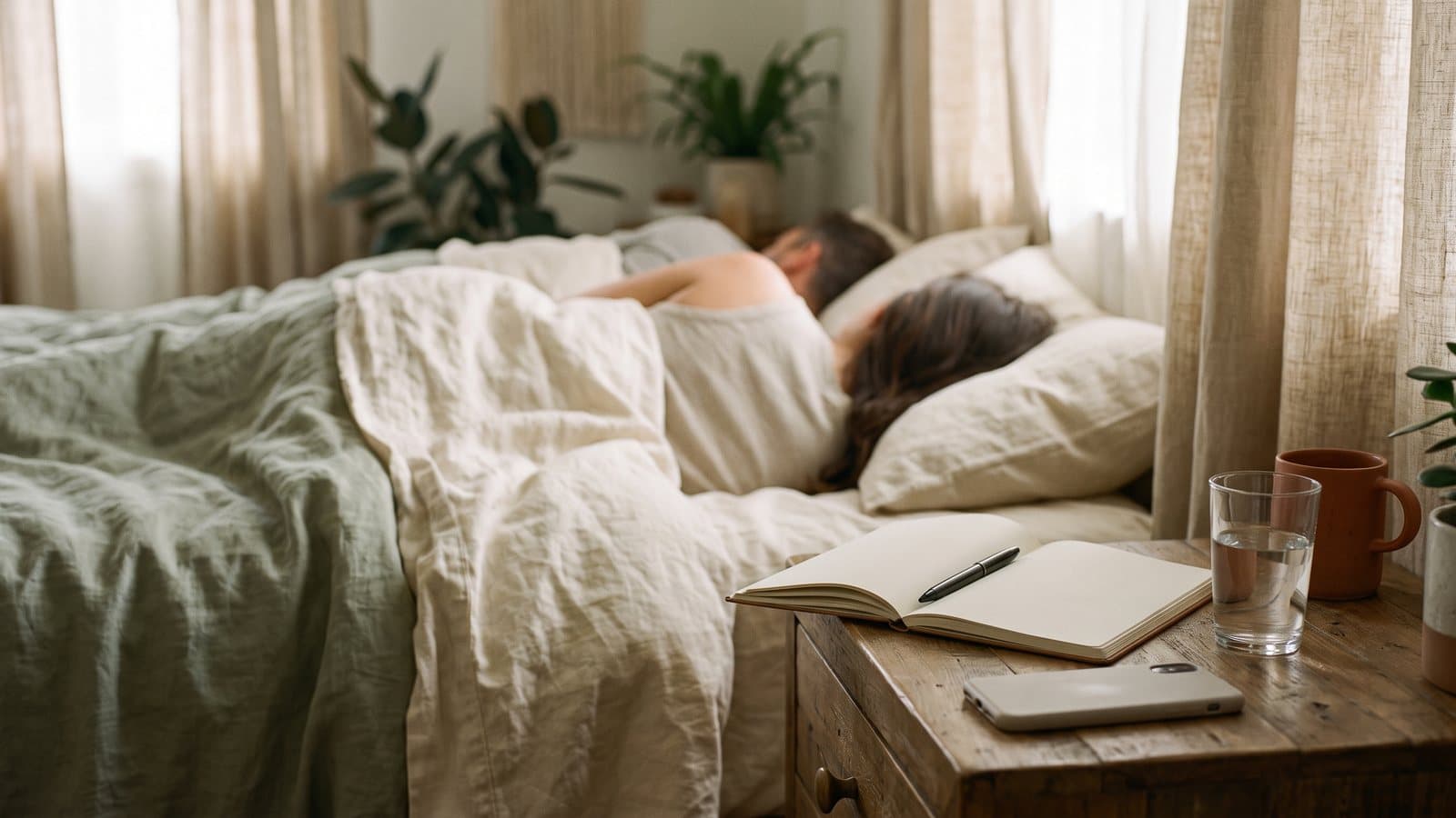A notebook, pen, and face-down phone on a nightstand beside a couple sleeping in soft late-summer morning light