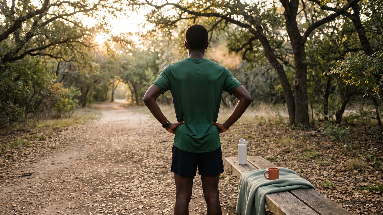 A teen cross country runner seen from behind, resting on a quiet park trail at sunrise after a fall practice