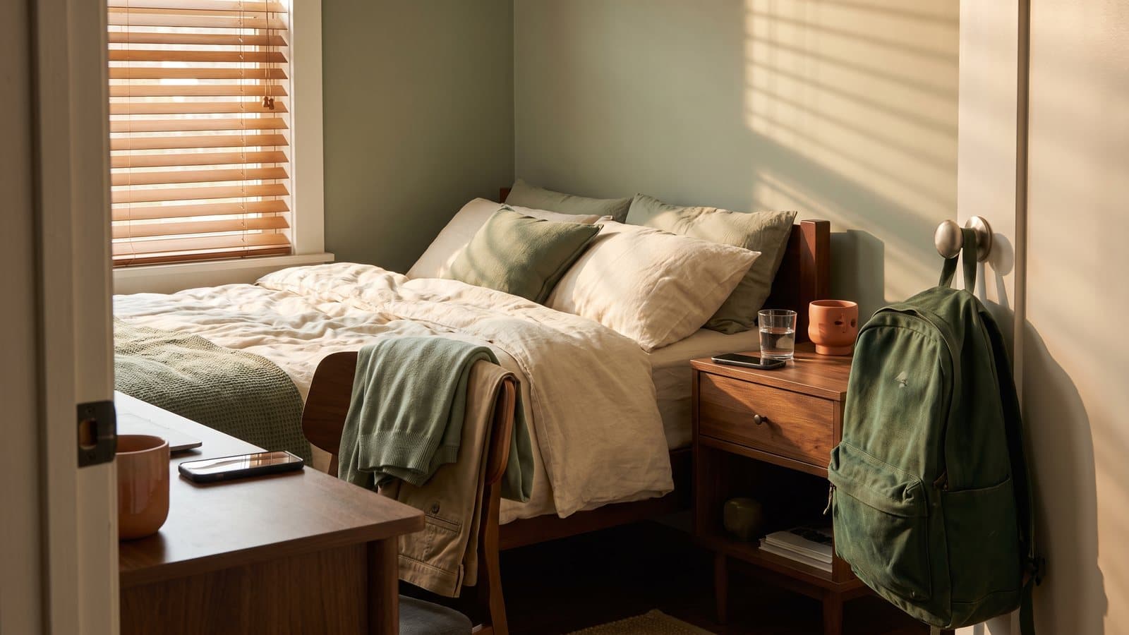 A tidy teen bedroom at sunrise with a packed backpack, folded school clothes, and a phone resting face down on the nightstand