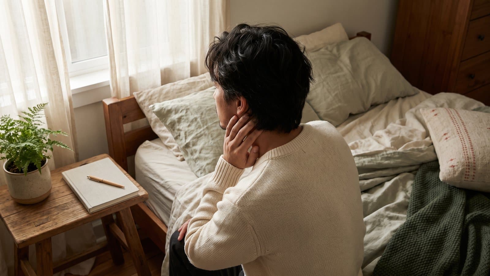An adult seen from behind at dawn, seated on a rumpled bed, one hand resting along the jaw near a sunlit window