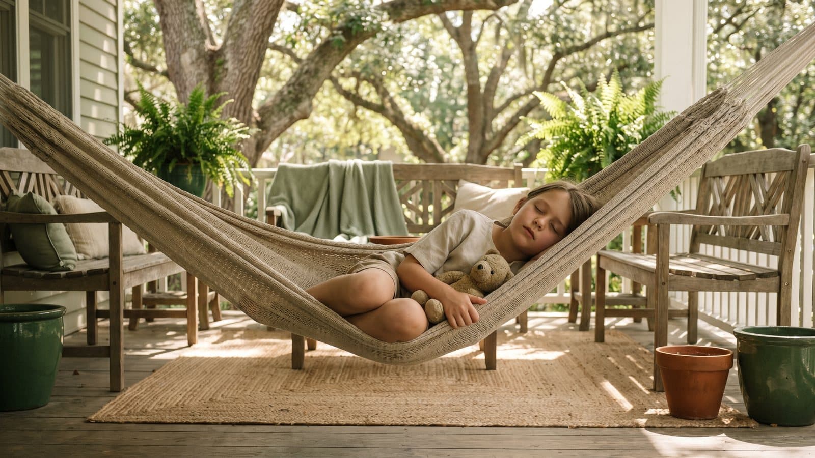 A child rests in a porch hammock on a summer afternoon, hand resting near a stuffed animal instead of their mouth