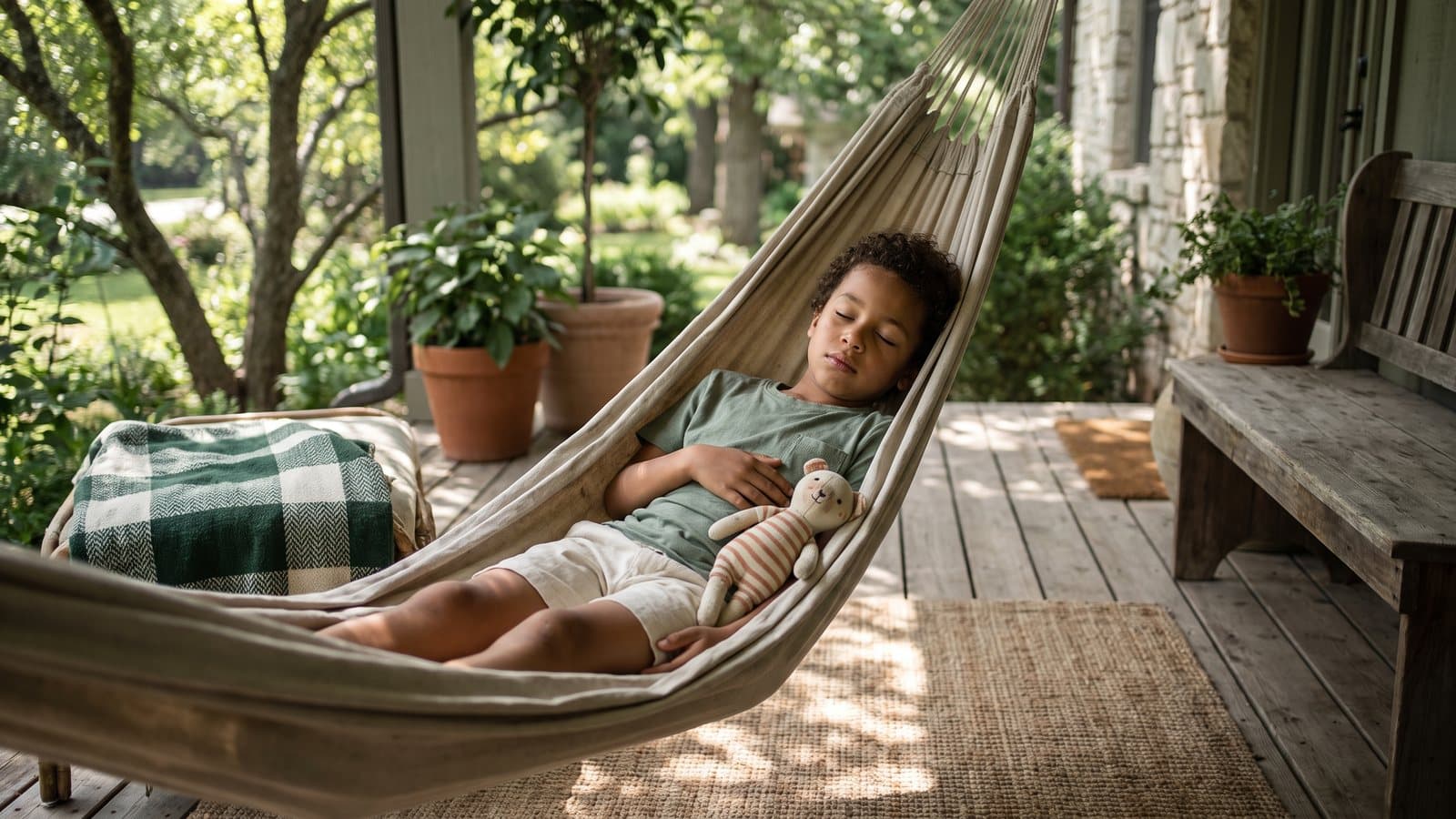 A child rests in a porch hammock on a summer afternoon, hand resting near a stuffed animal instead of their mouth