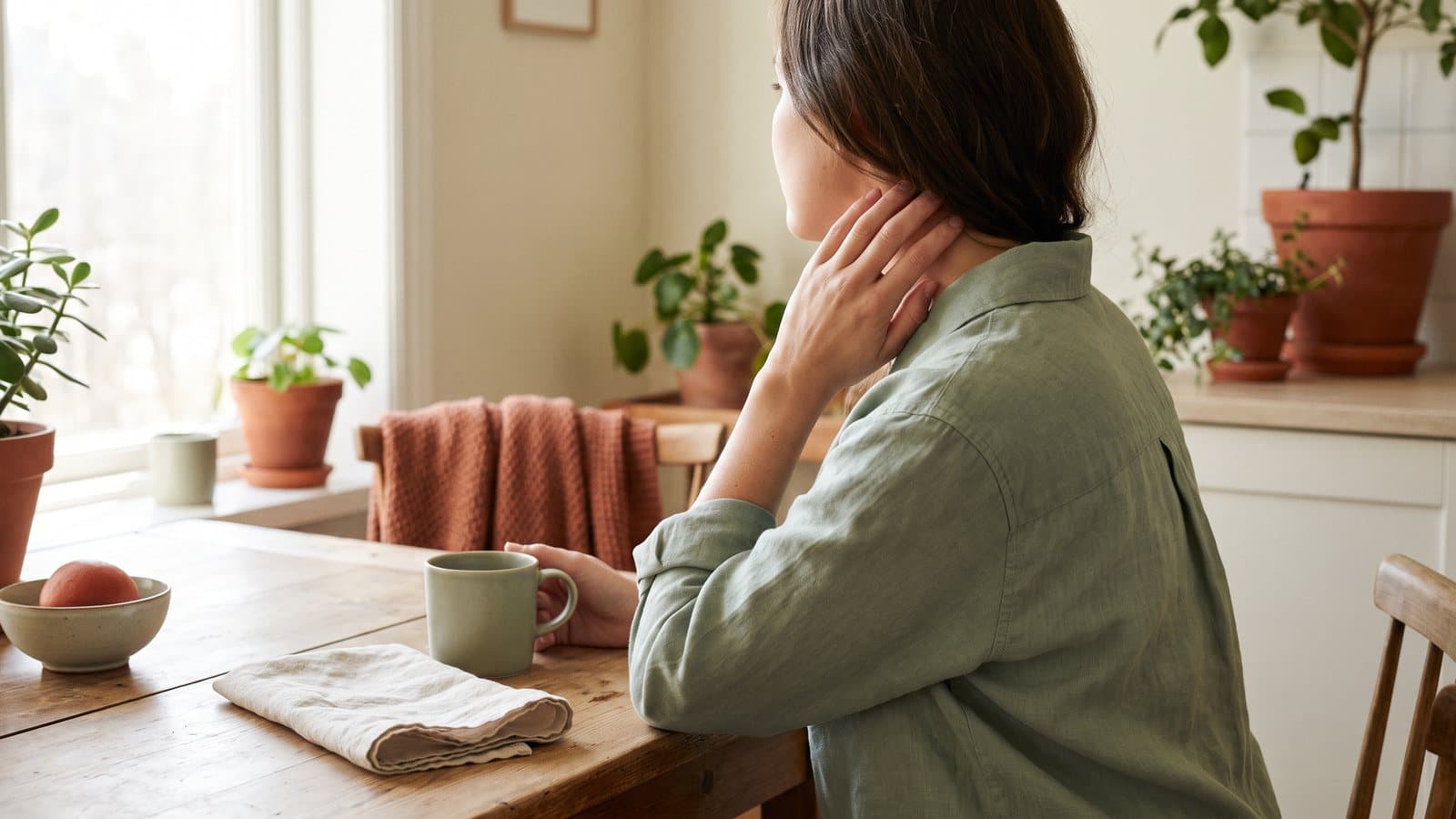A person's hand rests on the back of their neck at a sunlit table, face turned away, calm light