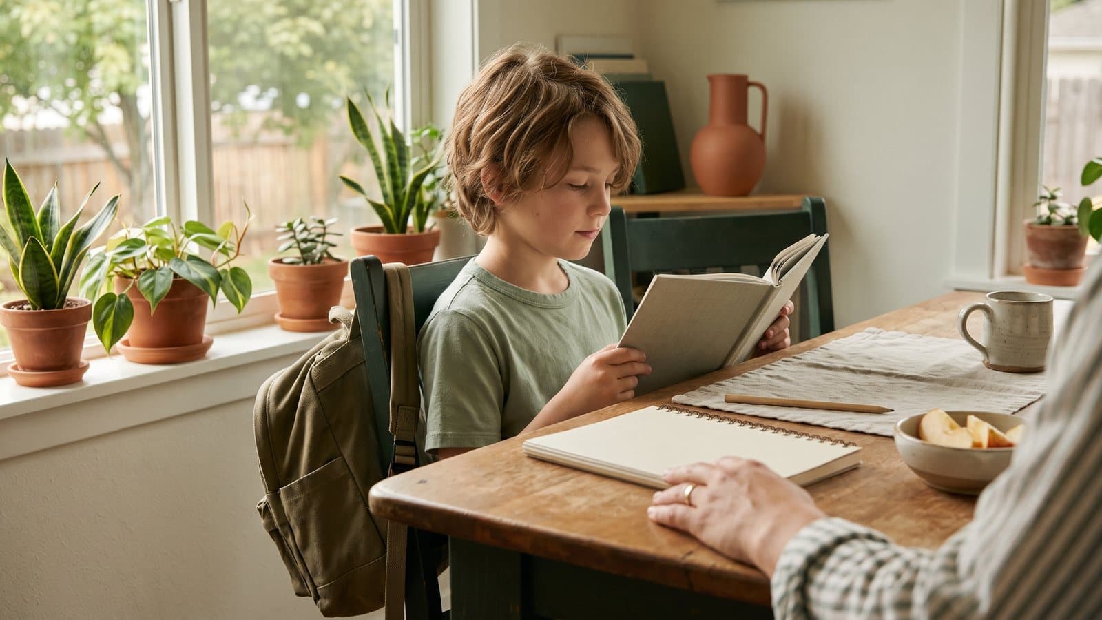 A school-age child reads at a sunny kitchen table while a parent's hands rest beside a closed notebook and apple slices