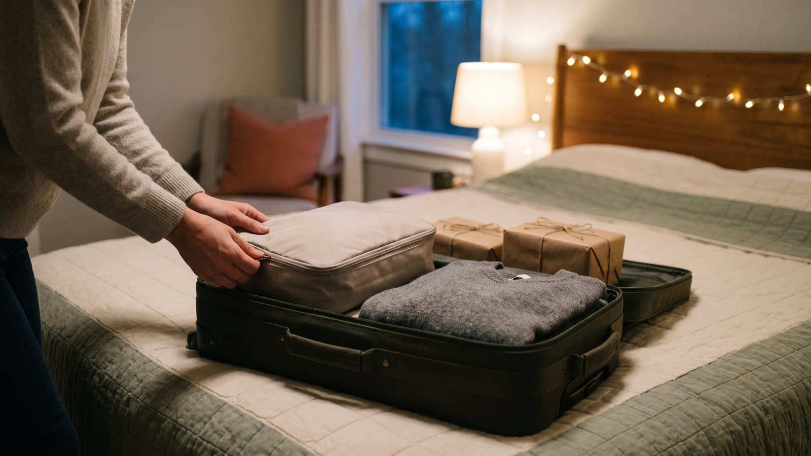 Hands zipping a small travel case into an open suitcase on a bed with soft holiday string lights nearby
