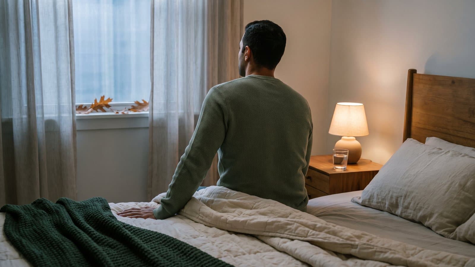 Adult seen from behind sitting on the edge of a bed in soft early morning light, one hand resting on a cream quilt