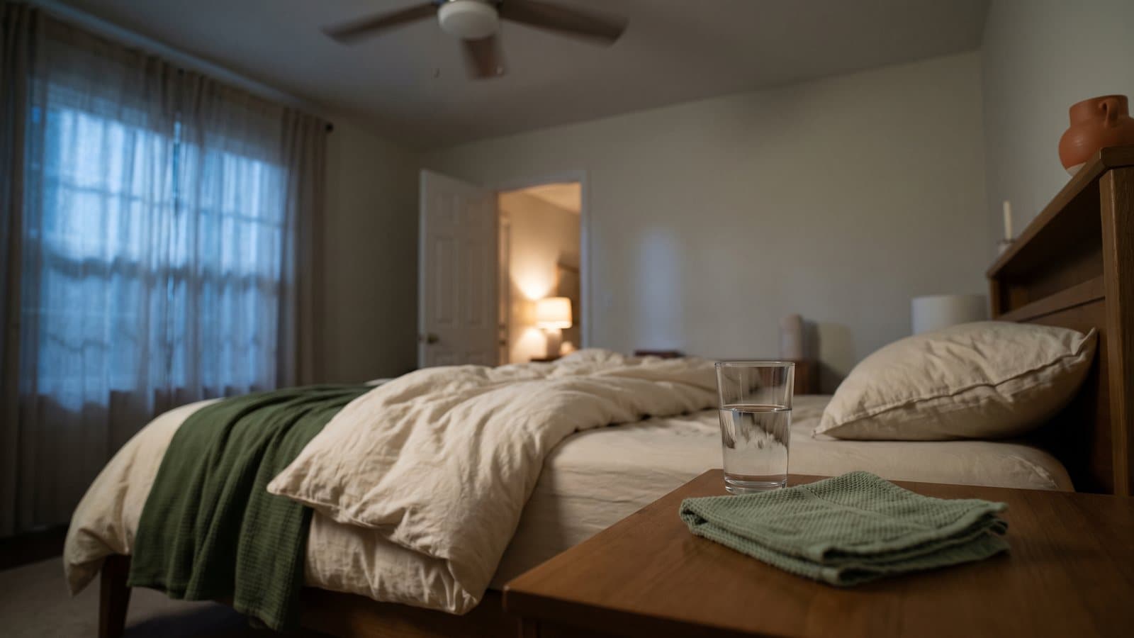 A glass of water on a nightstand beside an empty, rumpled side of the bed in a dim bedroom