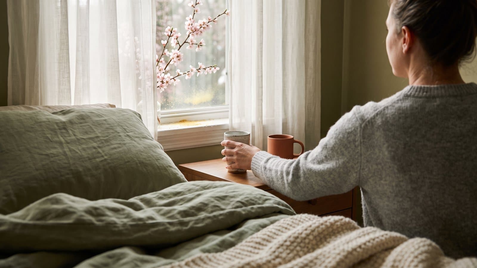 Adult reaching for a water glass at sunrise, seen from behind, sheer curtains open to a blooming branch