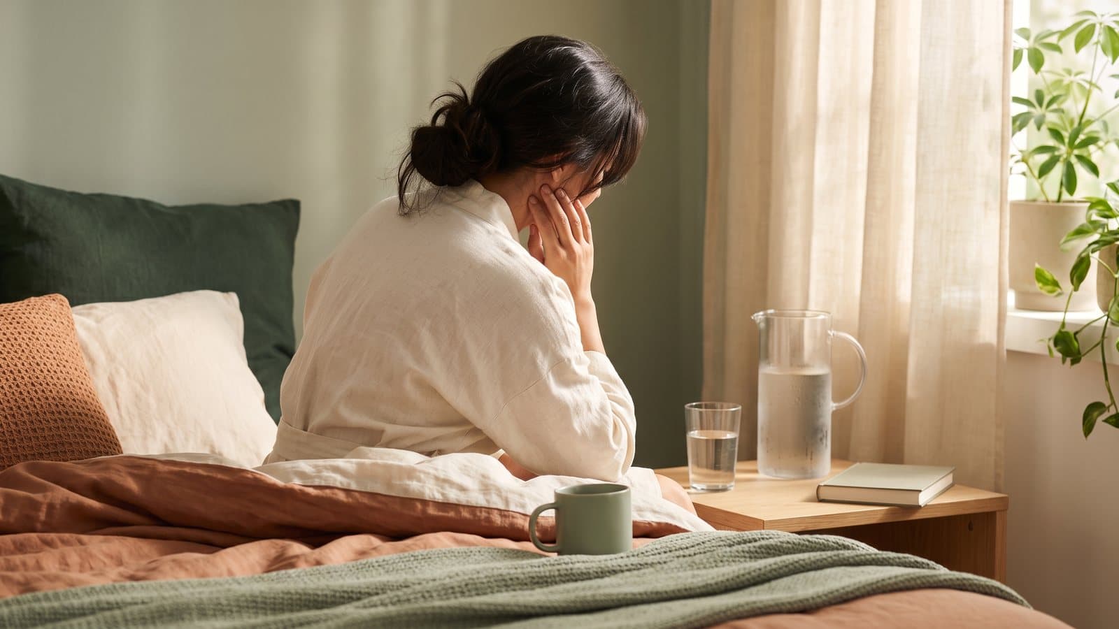 An adult sits on the edge of a sunlit bed at dawn, one hand at the jaw, face turned away, water pitcher on the nightstand